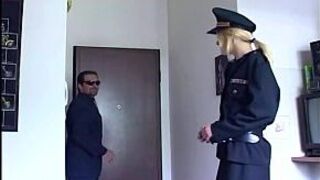 Blonde in uniform fucking in black stockings - porn video