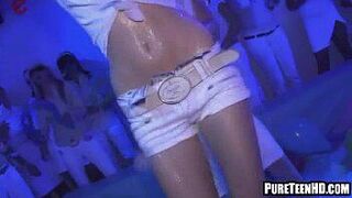 Three sexy teenage babes sucking cock at the club - porn video